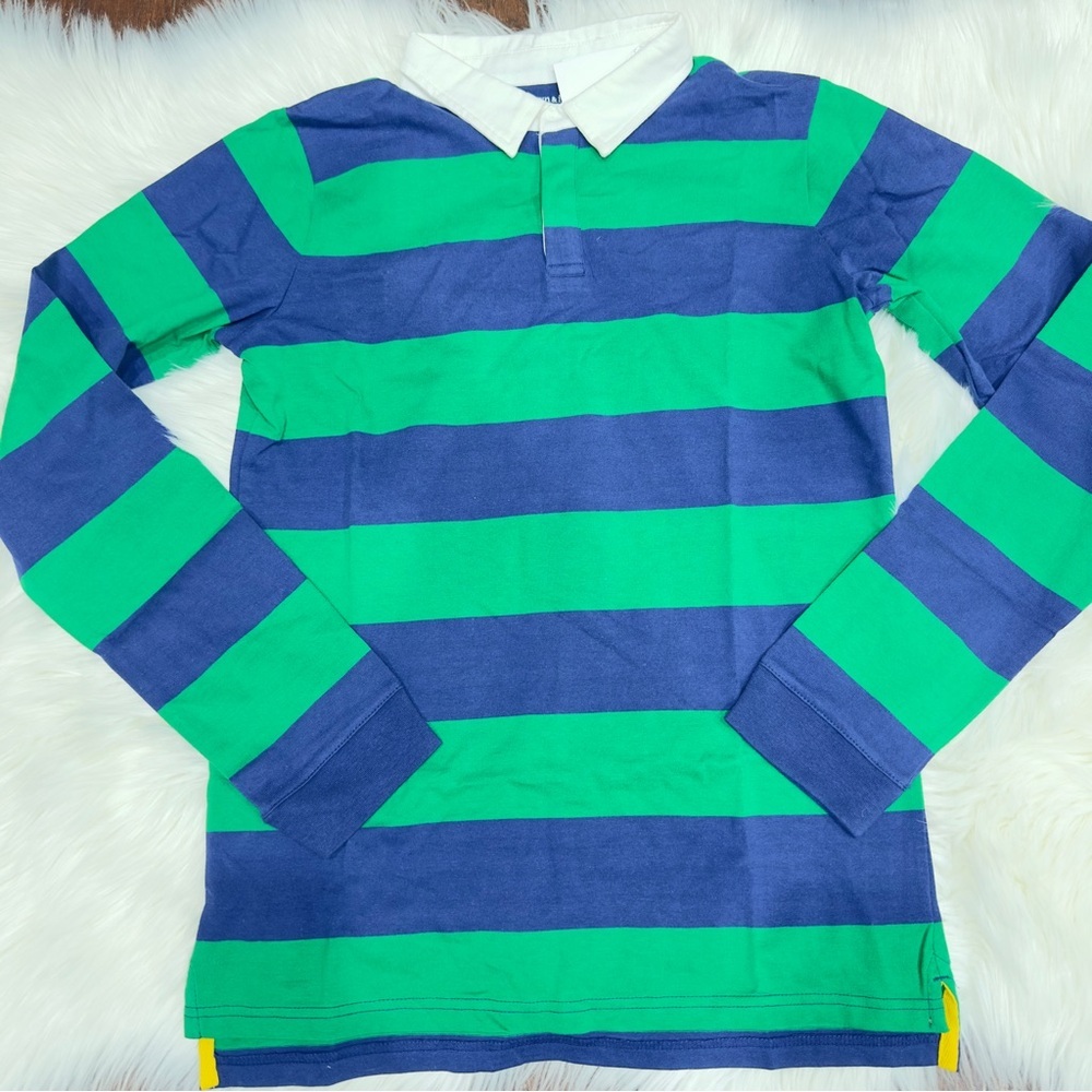 Crown & Ivy Kids  Rugby Shirt Blue Green Striped Long Sleeve Polo Size XL New